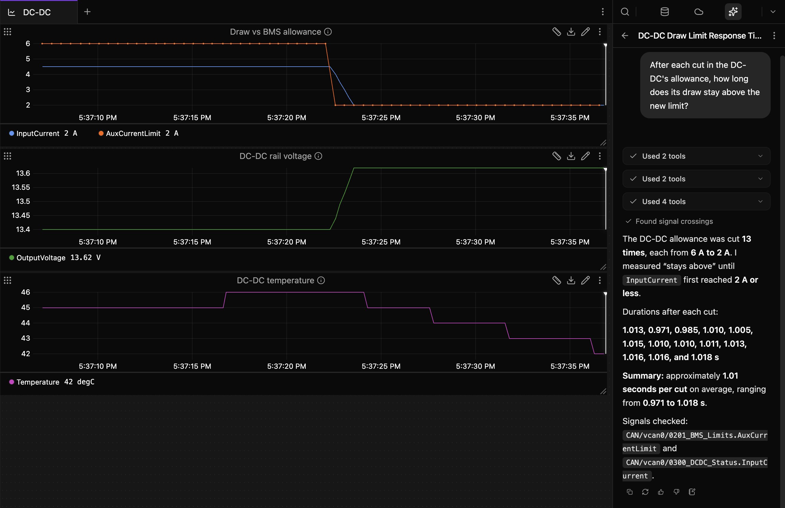 Zelos AI's answer: the allowance was cut 13 times, each from 6 A to 2 A; it lists how long InputCurrent stayed above 2 A after each cut, from 0.971 to 1.018 s, about 1.01 s on average, and names the two signals it compared.