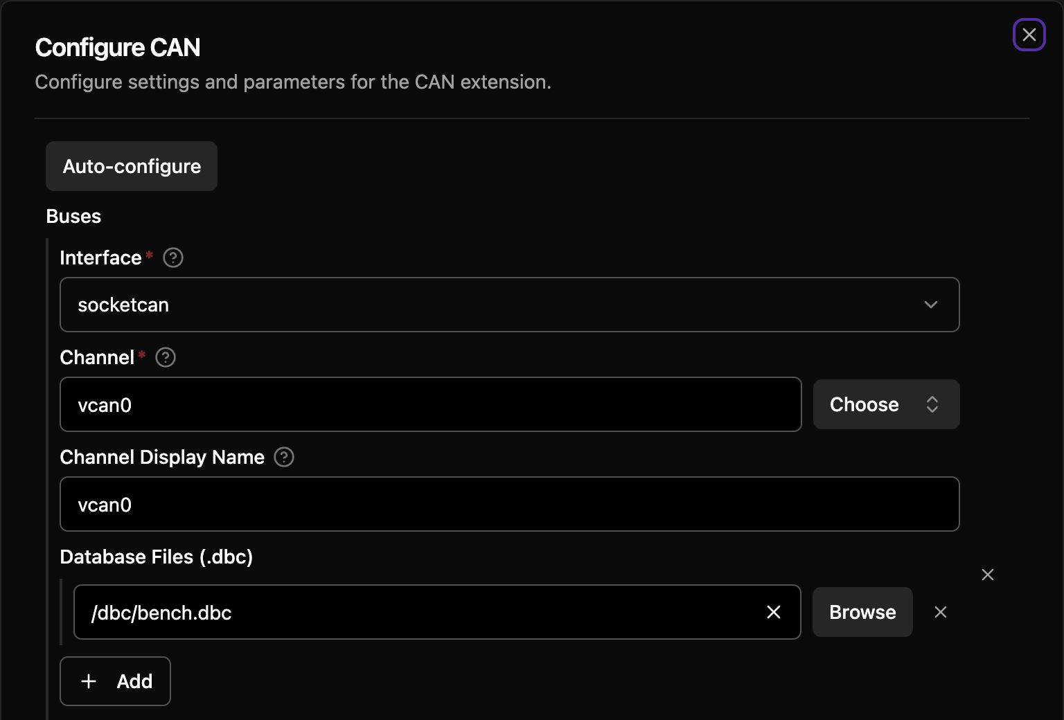 The Configure CAN dialog: an Interface dropdown set to socketcan, a Channel field set to vcan0, a Channel Display Name, and Database Files listing /dbc/bench.dbc.