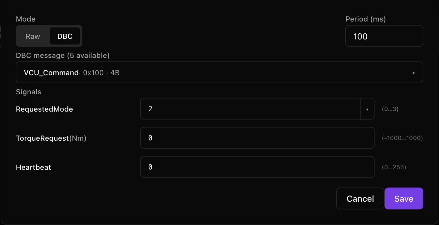 The CAN Transmit dialog in DBC mode with VCU_Command selected: RequestedMode set to 2, with its range shown as 0 to 3, TorqueRequest in Nm, Heartbeat, and a 100 ms period.