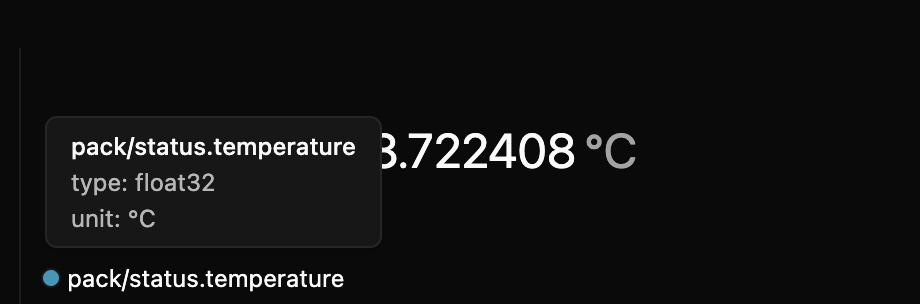 The tooltip on the pack/status.temperature chip: type float32, unit °C.