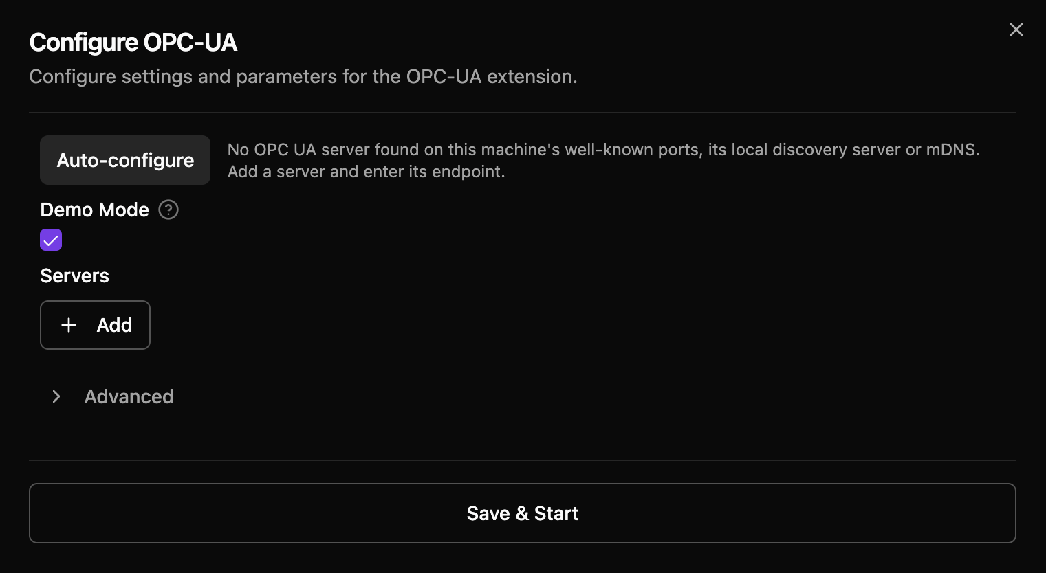 The Configure OPC-UA dialog: the Auto-configure answer beside its button, Demo Mode ticked, an empty Servers list and Save & Start.