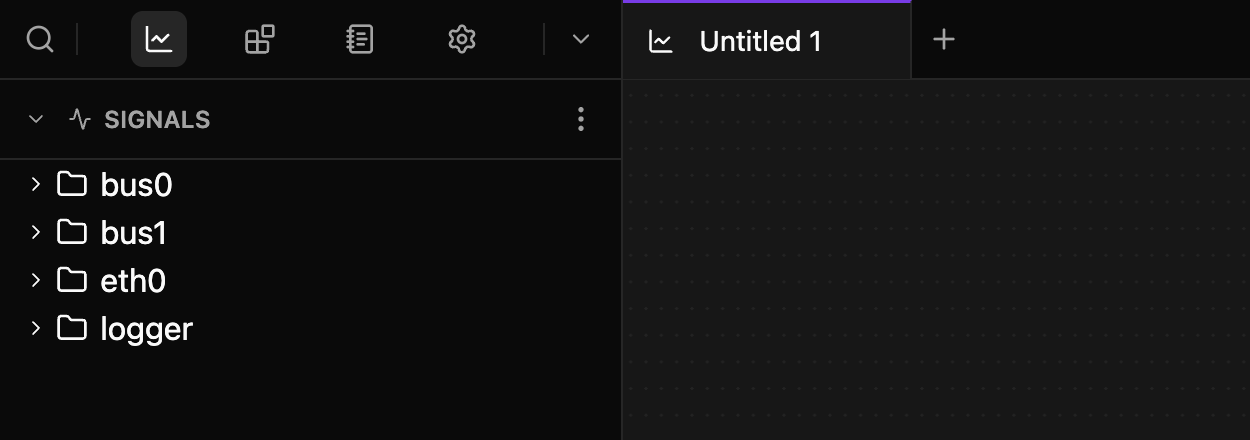 Explorer after Connect localhost: bus0, bus1, eth0 and logger under SIGNALS, beside the new empty tab Untitled 1.