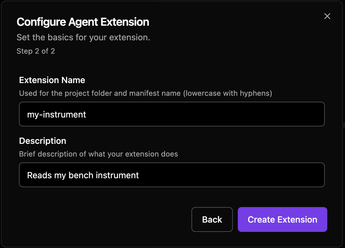 The second step of the dialog: the name my-instrument and a one-line description.