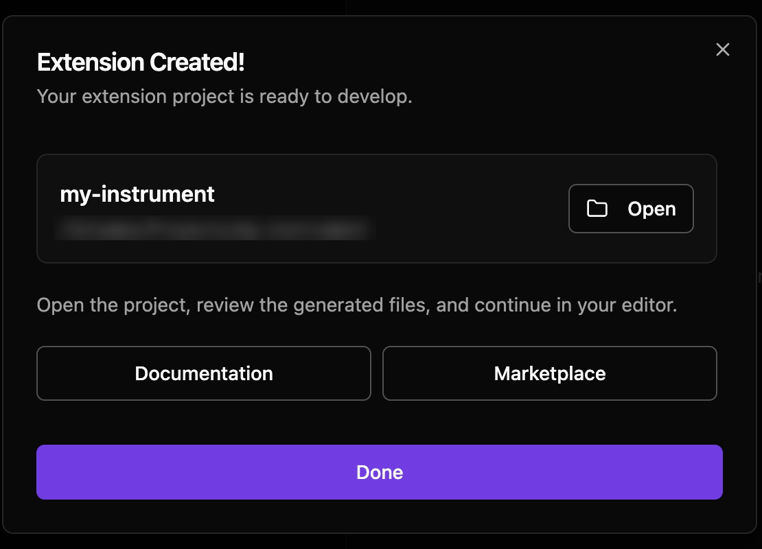 Extension Created!, with the project folder and buttons for Documentation and Marketplace.