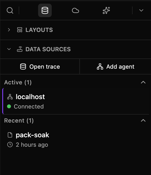 Data: localhost under Active and Connected, and a trace file, pack-soak, under Recent.