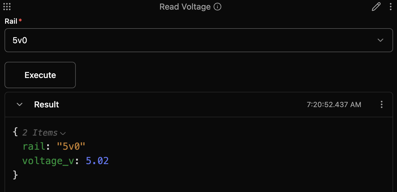 The Read Voltage panel: Rail set to 5v0 and the result rail 5v0, voltage_v 5.02, with no badge.