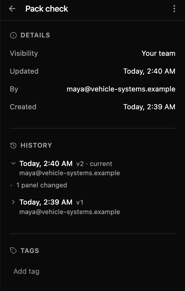 Details for the layout: Shared with your team, and two versions under History. The newest is expanded and reads 1 panel changed.