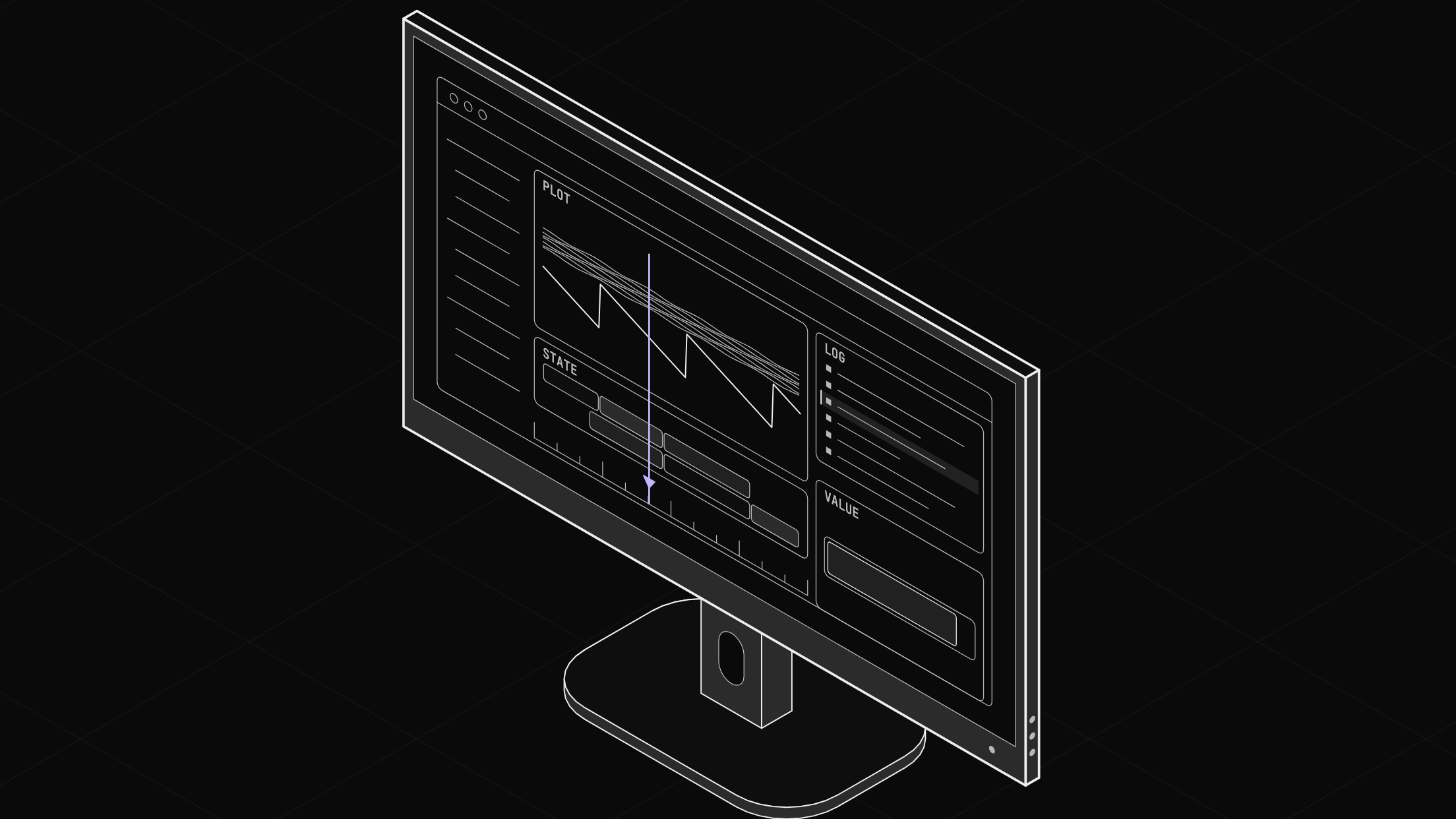 The app drawn on a monitor: a plot of eight close cell lines, one sagging in a repeating sawtooth, over a state panel, with log and value panels beside it and one violet cursor line running down through the plot and state.