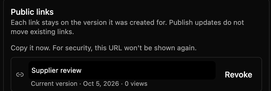 The Public links section: the link named Supplier review on the current version, with 0 views and a Revoke button.