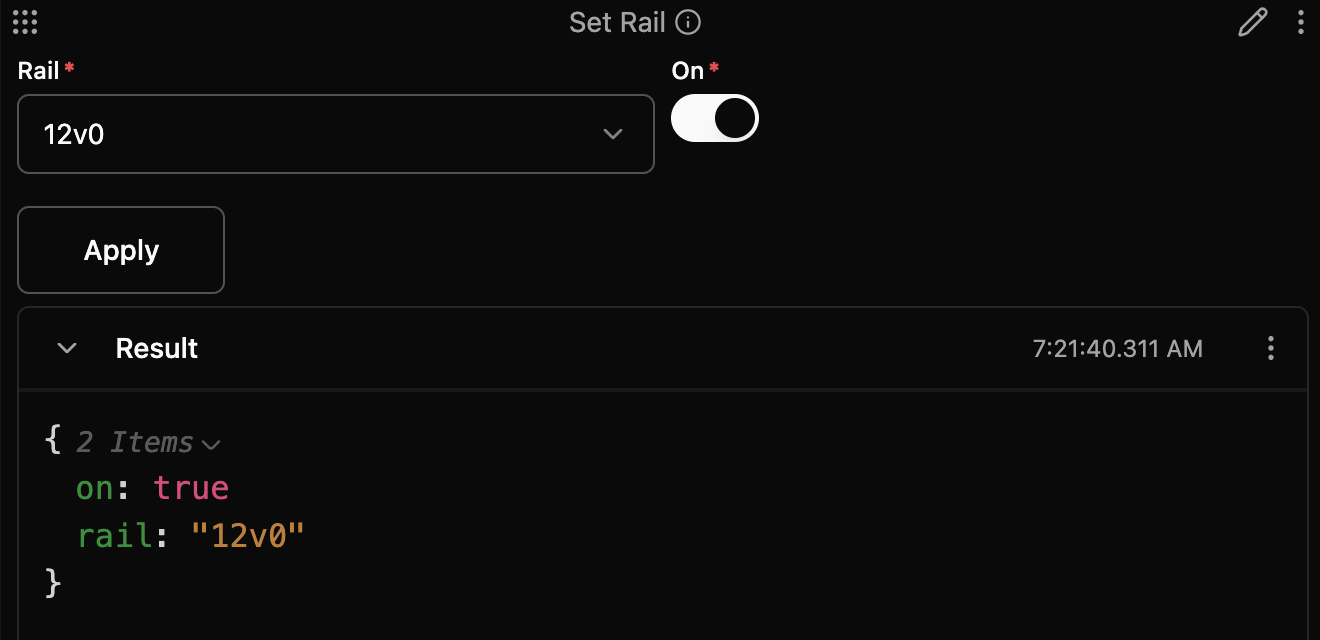 Set Rail with Rail 12v0, On switched on, its Apply button, and the result on true, rail 12v0.