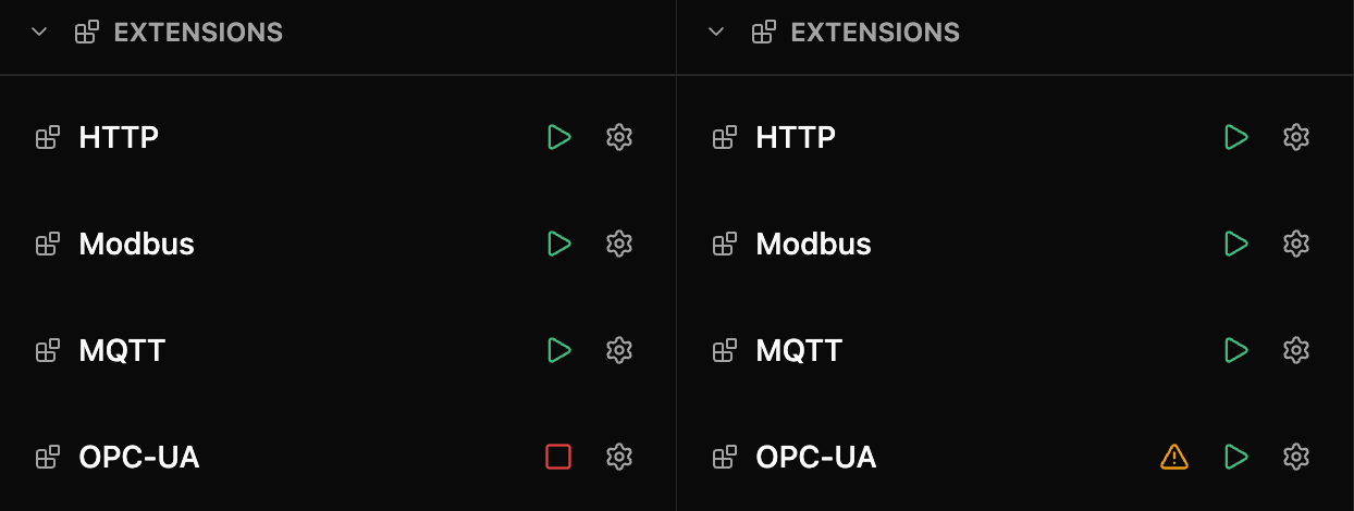 The EXTENSIONS section twice. Left: HTTP, Modbus and MQTT stopped with green play buttons, OPC-UA running with a red square. Right: OPC-UA stopped on its own, an amber triangle beside its green play button.