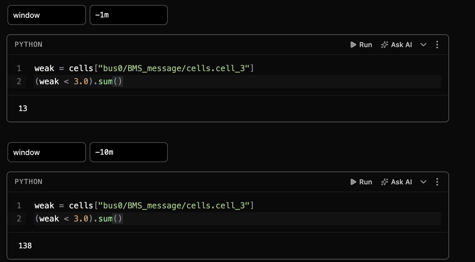 The window row and the count cell for each run: -1m gave 13, -10m gave 138.