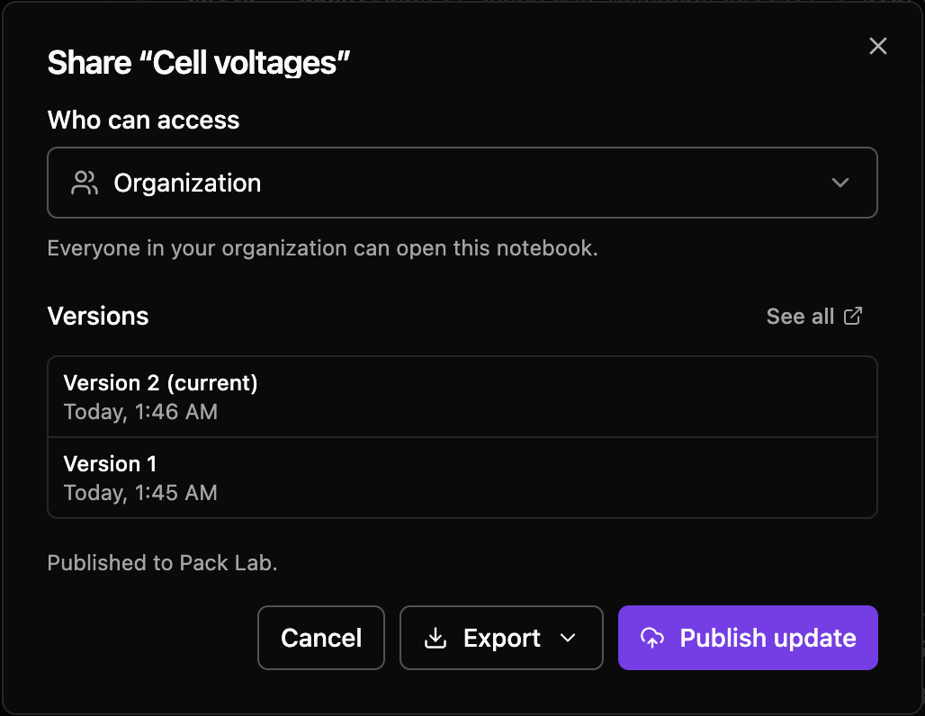 The Share dialog after the update: Version 2 is current, with Version 1 below it.