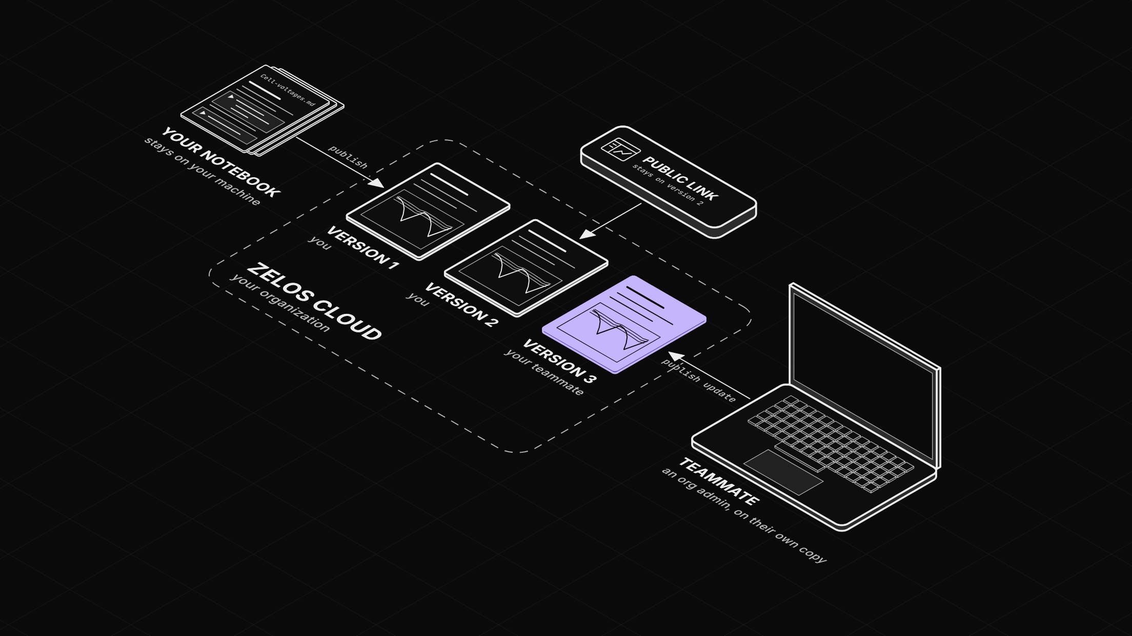 Your notebook publishes versions 1 and 2 into your organization's cloud. A public link points at version 2. A teammate's laptop publishes version 3.