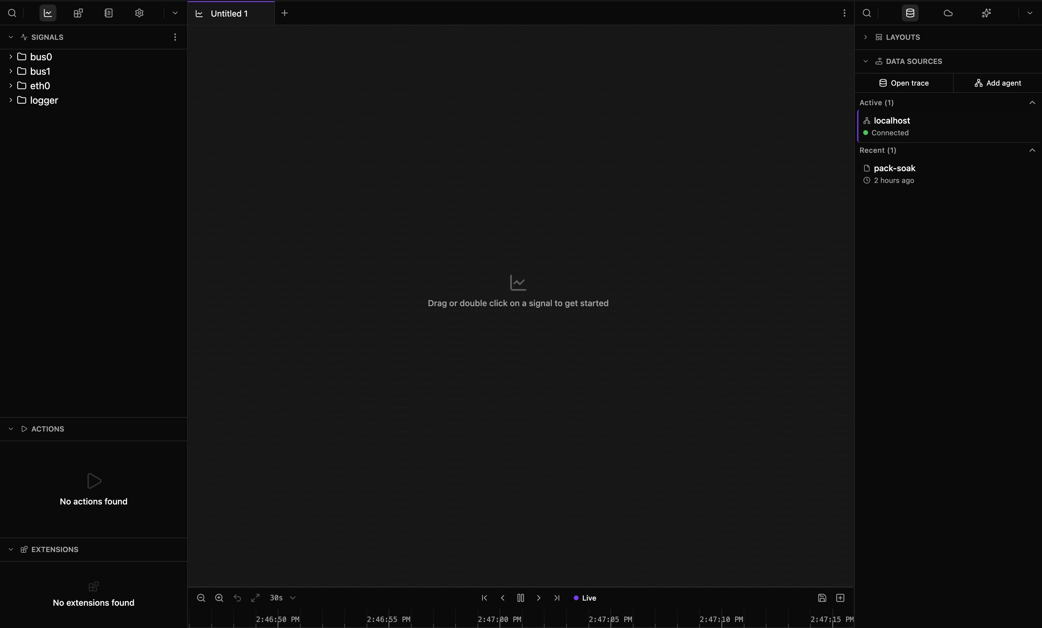 The app connected to localhost: Explorer's signal tree on the left, an empty tab with the timeline under it, and Data on the right with localhost Connected.