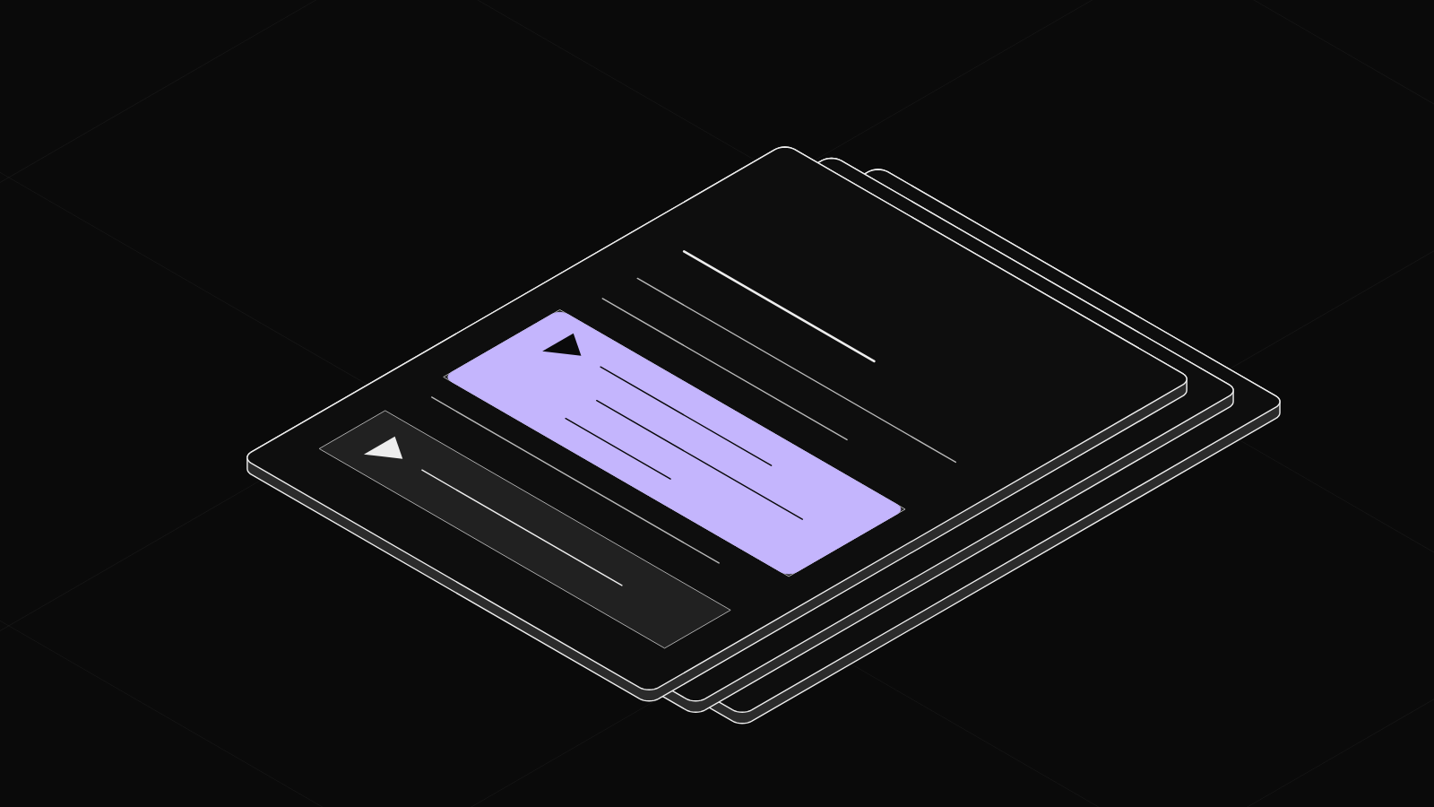 A notebook drawn as a stack of pages, its query cell lit in violet.