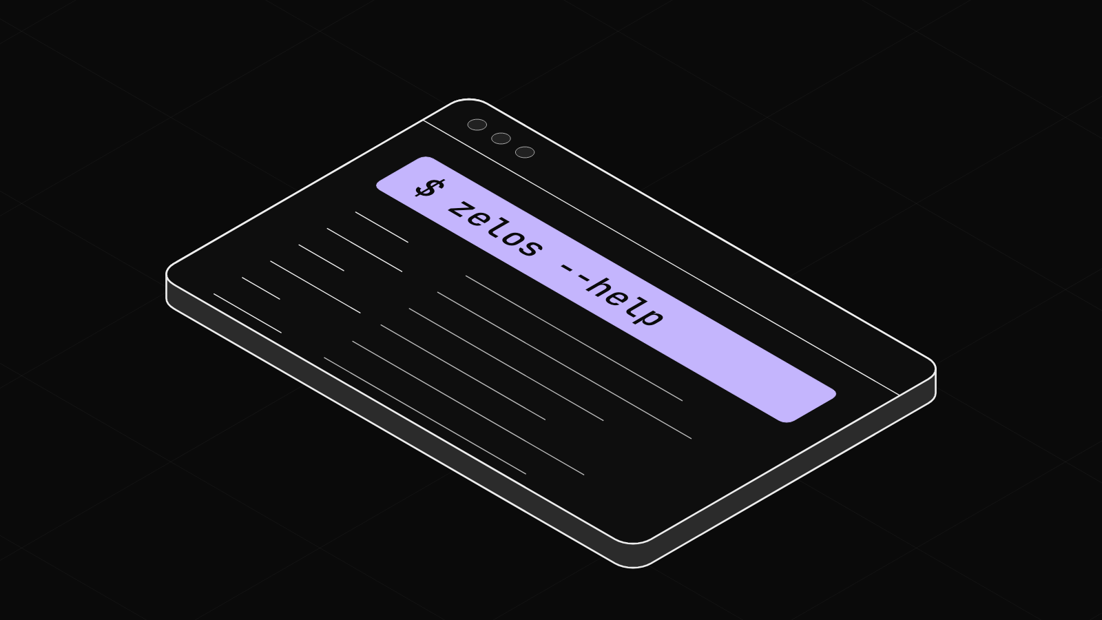 A terminal window drawn as a flat slab, its zelos --help command lit in violet and a list of commands below it.